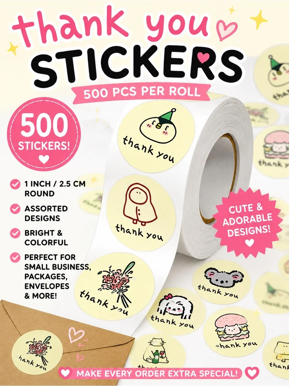 Cute Thank You Stickers 1 Inch Roll Small Business Packaging